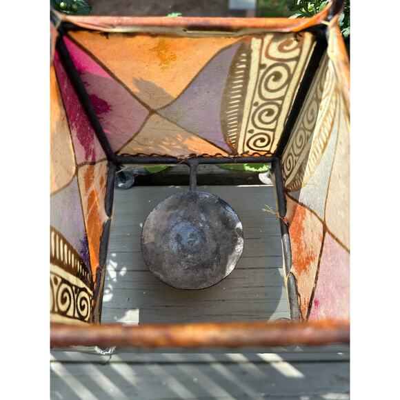 Candle holder Vintage Stretched Skin Square Painted ethnic tribal metal pink 7” - Picture 10 of 14